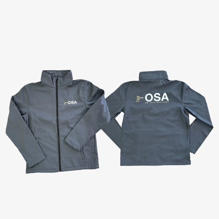 Grey zip-up jacket, with white branding on the front and back. 