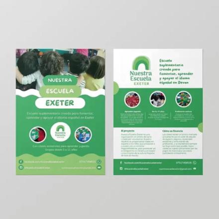 The image displays two green and white flyers for "Nuestra Escuela Exeter," a supplementary school for learning Spanish. The left flyer features children and highlights playful learning for ages 0-11, while the right provides details on the project, funding, and native teachers, both including contact information.