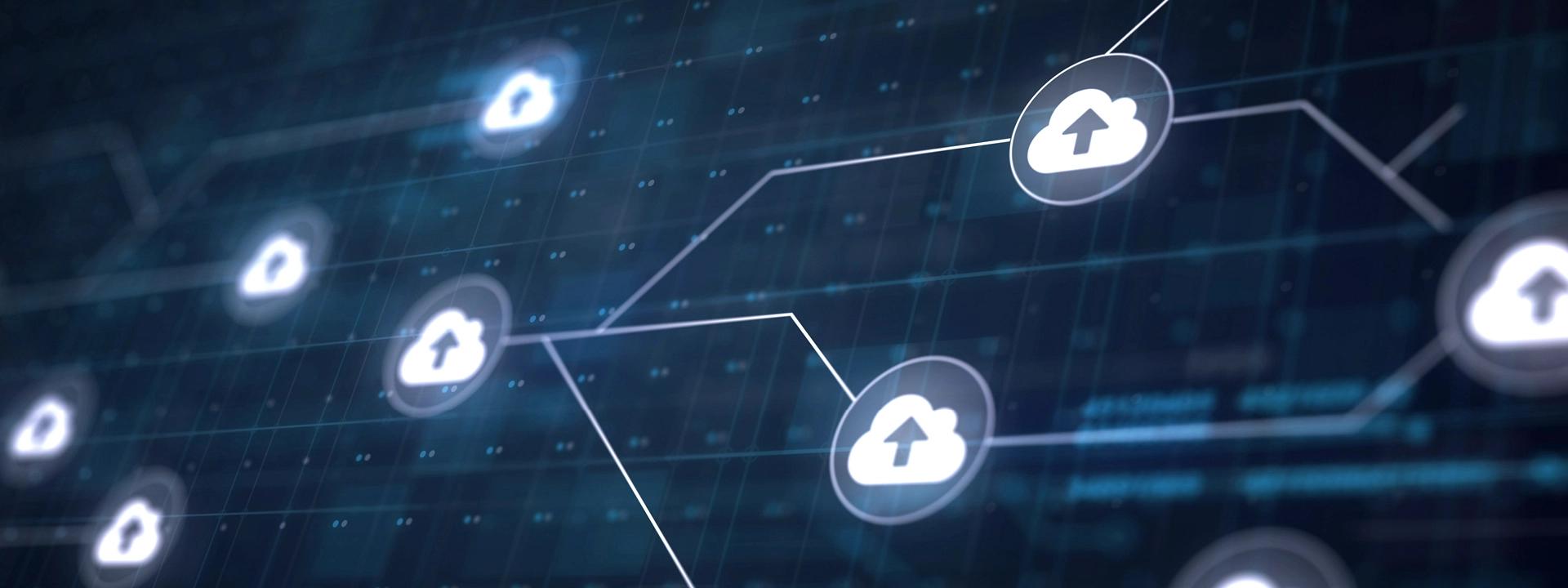 An abstract digital illustration featuring interconnected cloud icons, some with an upward arrow, representing data migration and cloud services.