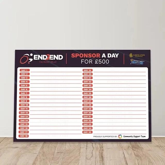 'End-2-End' branded sign, with white, red & blue design. 
