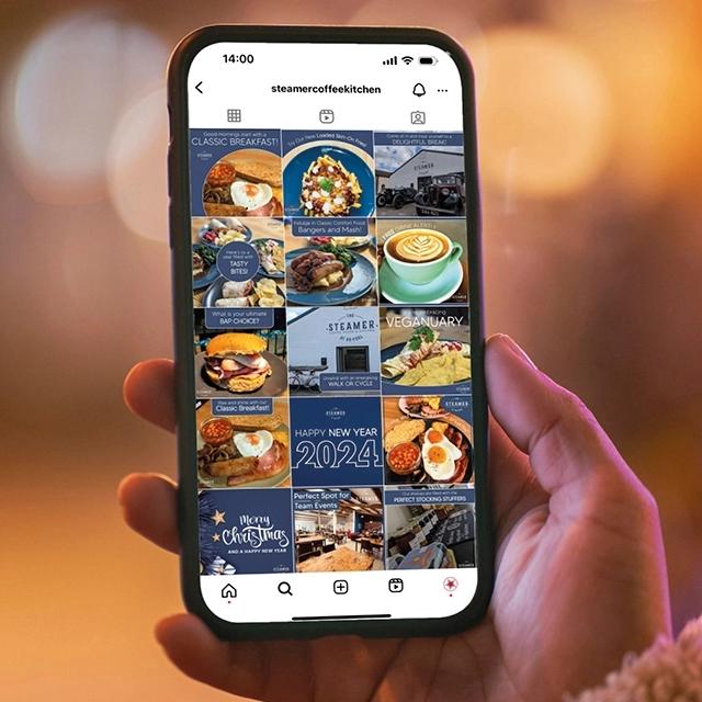 iPhone with Steamer's Instagram feed.