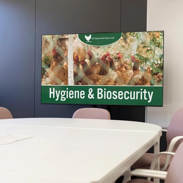 Screen in a meeting room displaying 'Hygiene & Biosecurity' presentation