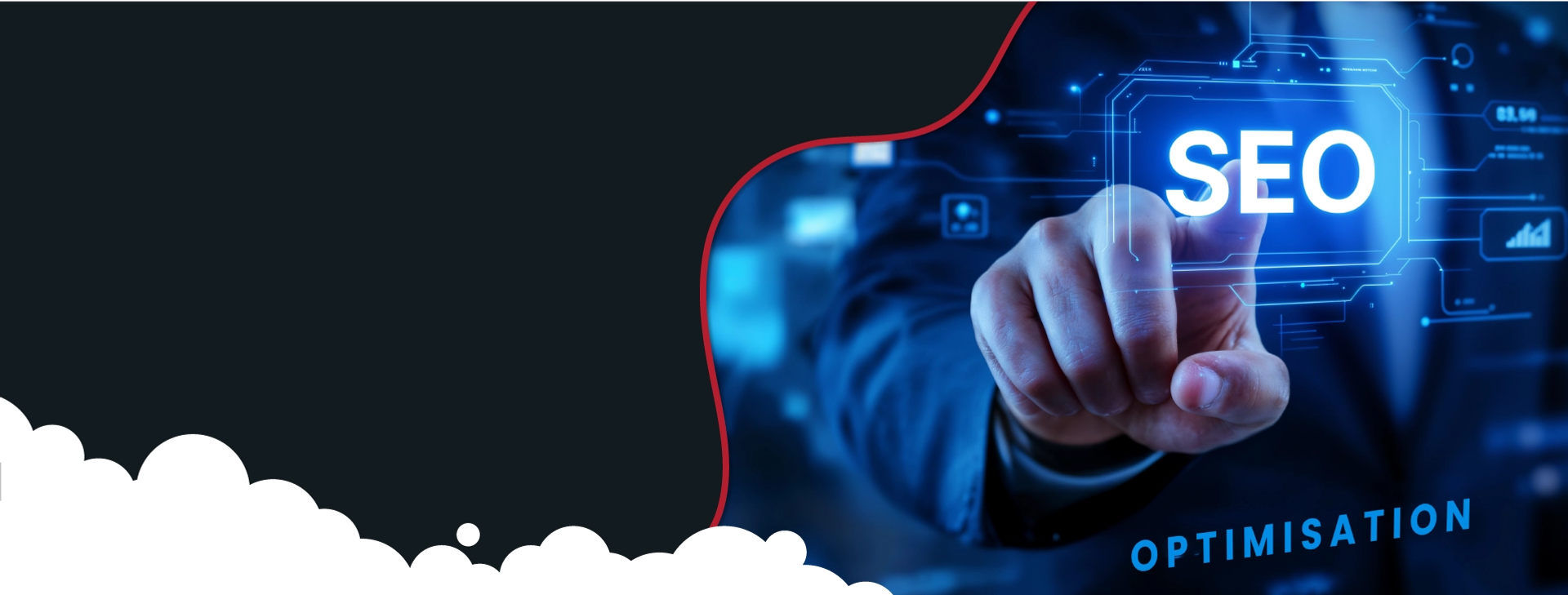 A hand in a suit jacket is pointing to a glowing "SEO" text on a futuristic blue digital interface, with "OPTIMISATION" written at the bottom right, symbolizing search engine optimisation.