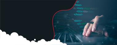  A hand interacts with a surface displaying code snippets (like HTML tags) and abstract network lines, symbolizing website development. The background is dark, with a red wavy line bordering a white cloudy section.