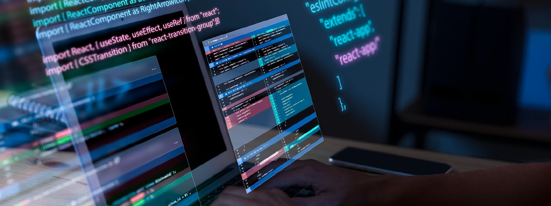 A person is typing on a laptop with a transparent overlay showing a shopping cart icon, bar graphs, and other digital icons, symbolising e-commerce development and online business growth.
