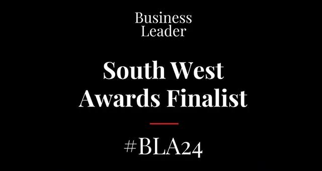 The image is a dark graphic with white text. At the top, "Business Leader" is written in a smaller, sans-serif font. Below it, in a larger serif font, it states "South West Awards Finalist". A short red line underscores "Awards". At the bottom, in a bold sans-serif font, is the hashtag "#BLA24".