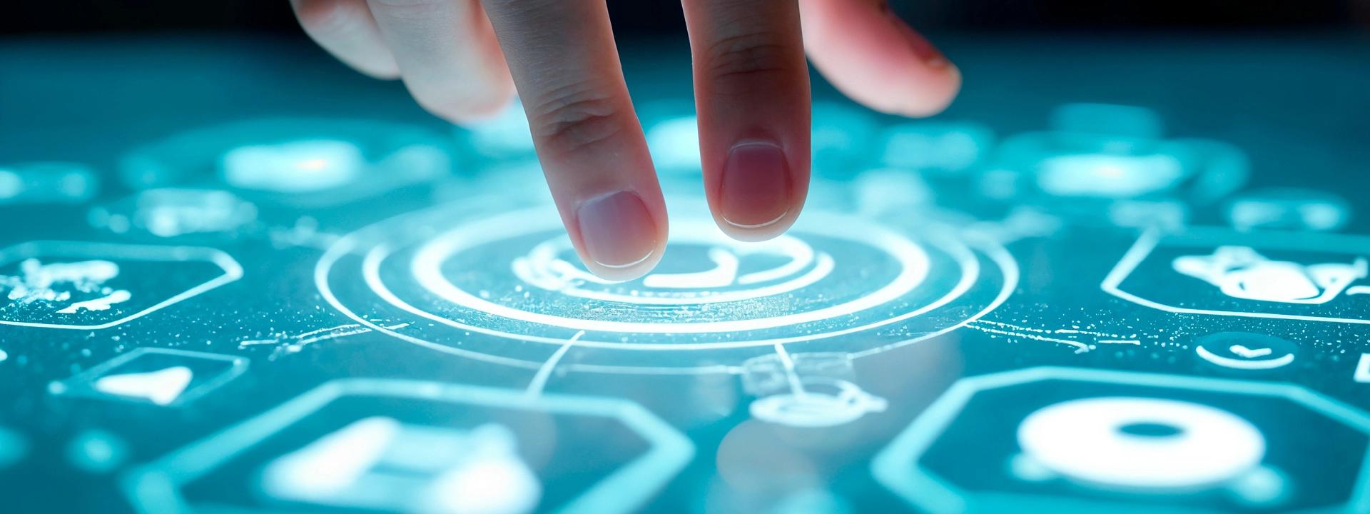 A human hand touches a glowing blue futuristic interface with interconnected circles and various digital icons, symbolising technological integrations and automation.