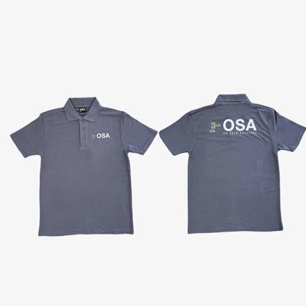 Grey button up polo shirt, with branding on the front and back. 