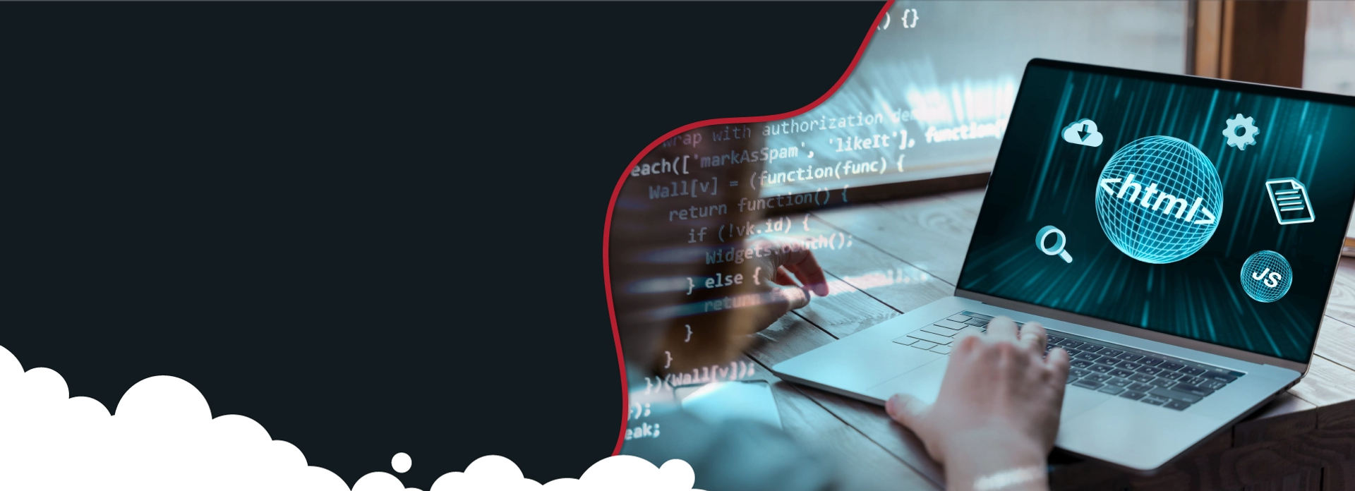 Person typing on a computer with HTML code in brackets displayed on the screen, representing DevOps and web development workflow.