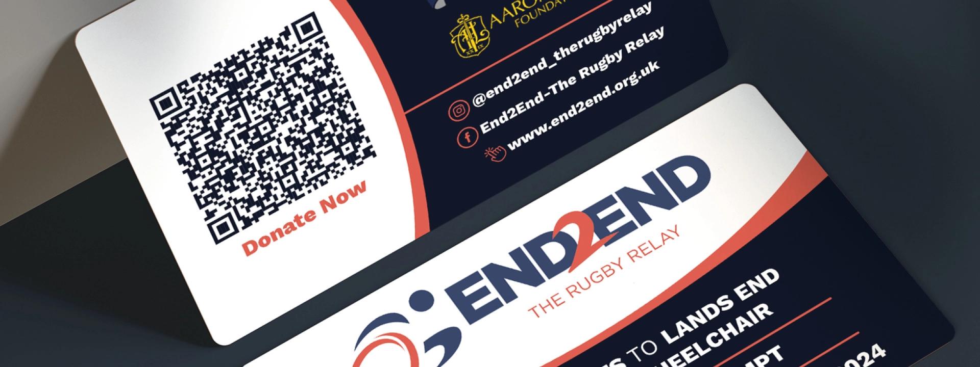 Two branded cards are displayed, one featuring a large QR code for 'Donate Now' and the other with the 'END 2 END The Rugby Relay' logo, contact information, and social media icons, illustrating effective branding and identity design.