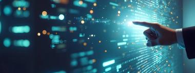 A hand with an extended index finger points towards a bright, glowing area on a dark digital screen filled with streams of data, binary code, and shimmering light particles, symbolizing data retrieval and manipulation.