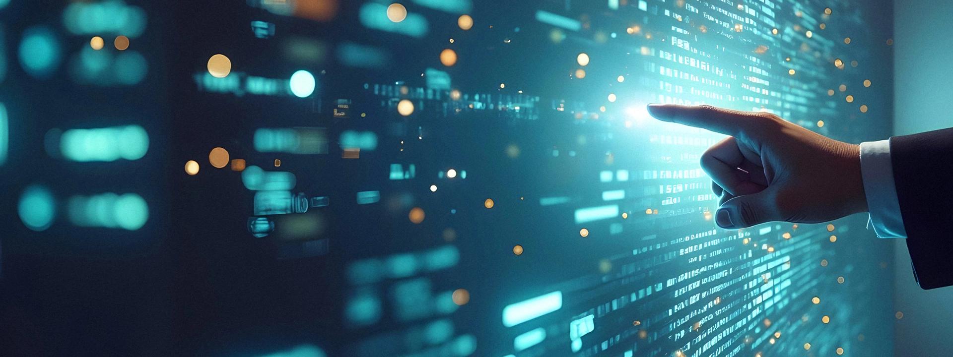 A hand with an extended index finger points towards a bright, glowing area on a dark digital screen filled with streams of data, binary code, and shimmering light particles, symbolizing data retrieval and manipulation.