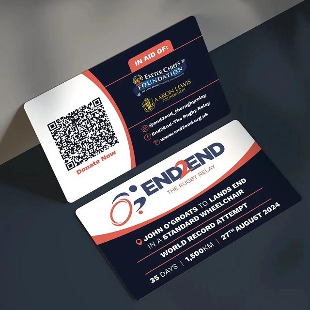 'End-2'End' branded business cards, with a white, blue and red theme. 