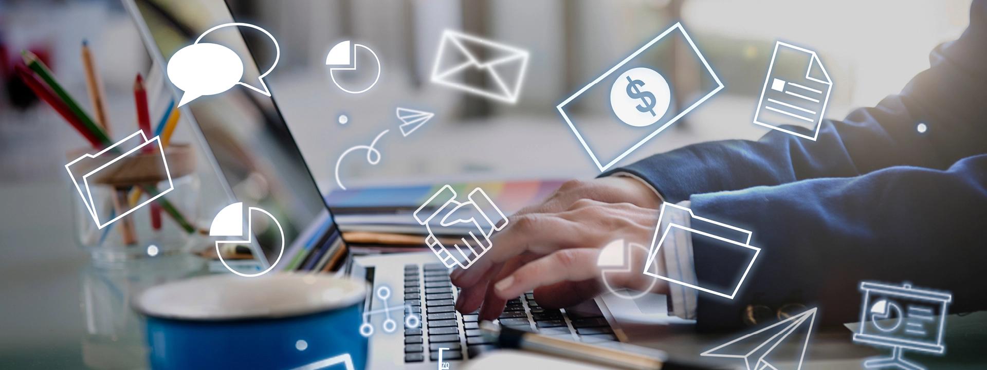 A person's hands are typing on a laptop keyboard, surrounded by glowing digital icons representing communication, financial transactions (dollar sign), documents, and a handshake, symbolising affiliate marketing activities and partnerships.