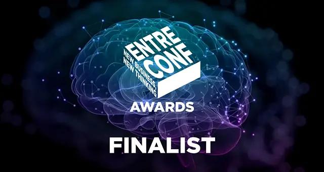 The image features a stylised, glowing brain outline against a dark background, with faint interconnected lines suggesting neural networks. In the center, a white rectangular logo with a 3D effect reads "ENTRE CONF" in large, bold, uppercase letters. To the left of this, rotated 90 degrees, are the words "NEW BUSINESS NEW THINKING" in smaller white text. Below the logo, also in white, are the words "AWARDS" and then "FINALIST" in larger, bolder text.