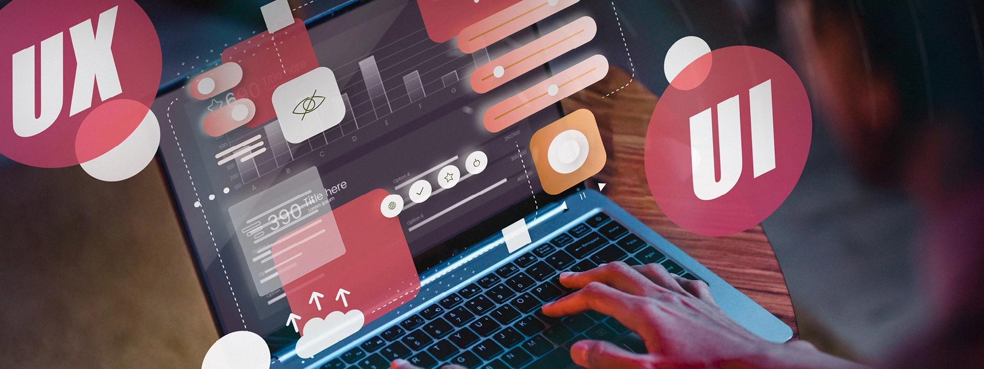 A person's hands are on a laptop keyboard, and the screen displays an intricate user interface with various design elements, charts, and data visualizations. Large, stylised text "UX" and "UI" are overlaid in the background, signifying user experience and user interface design.