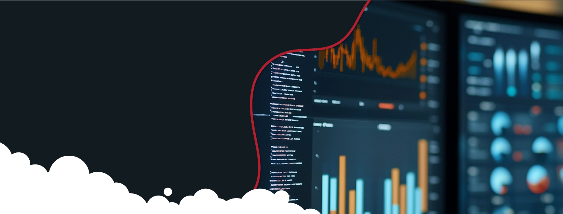 A dark image featuring multiple computer monitors displaying detailed data analytics dashboards with various graphs, charts, and monitoring information, representing analytics and reporting.