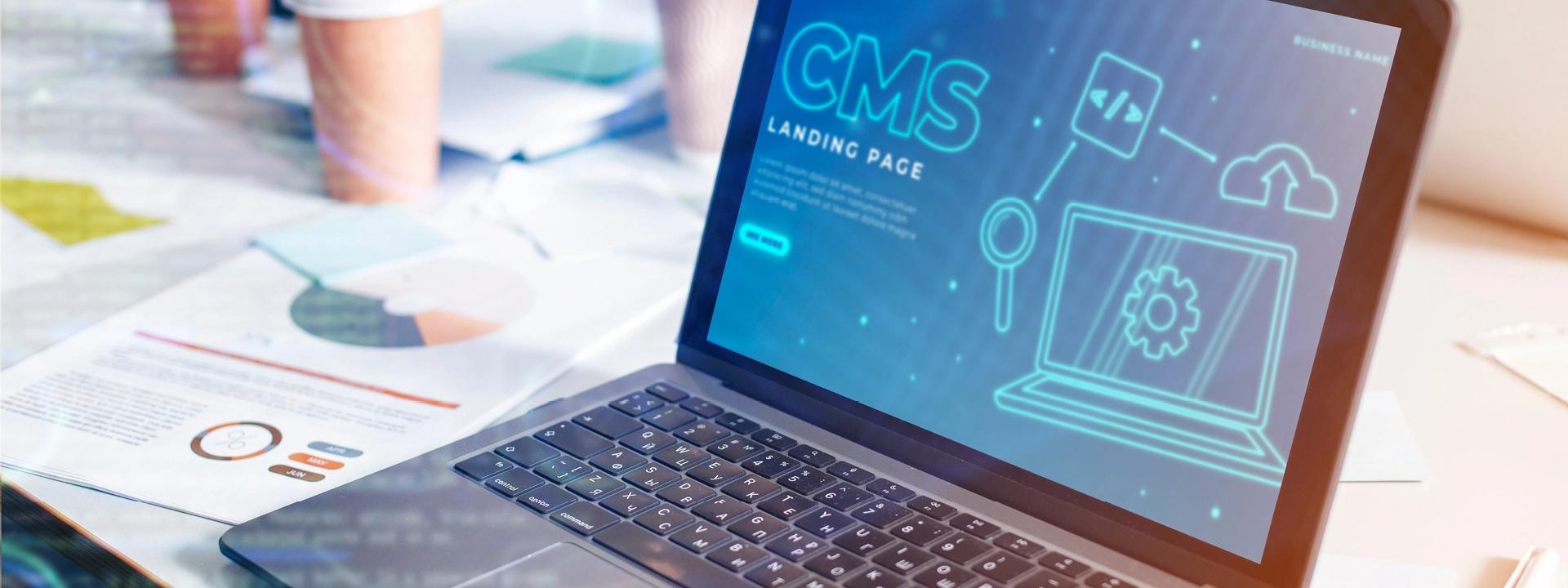 A laptop screen displays a glowing blue interface with "CMS LANDING PAGE" prominently featured, along with icons for coding, cloud storage, and a laptop. This image represents Sanity CMS or a general content management system.