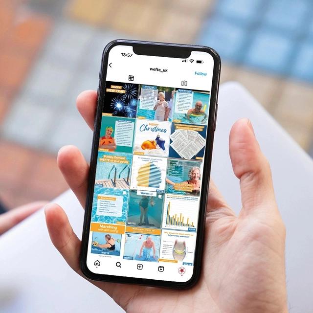 Hand holding phone with social media creatives - WEFTE