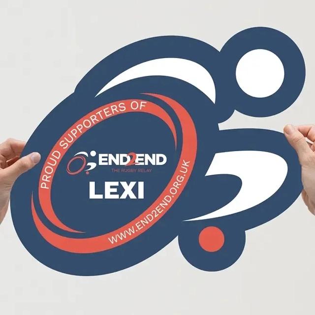 Blue & red logo board, with white text. 