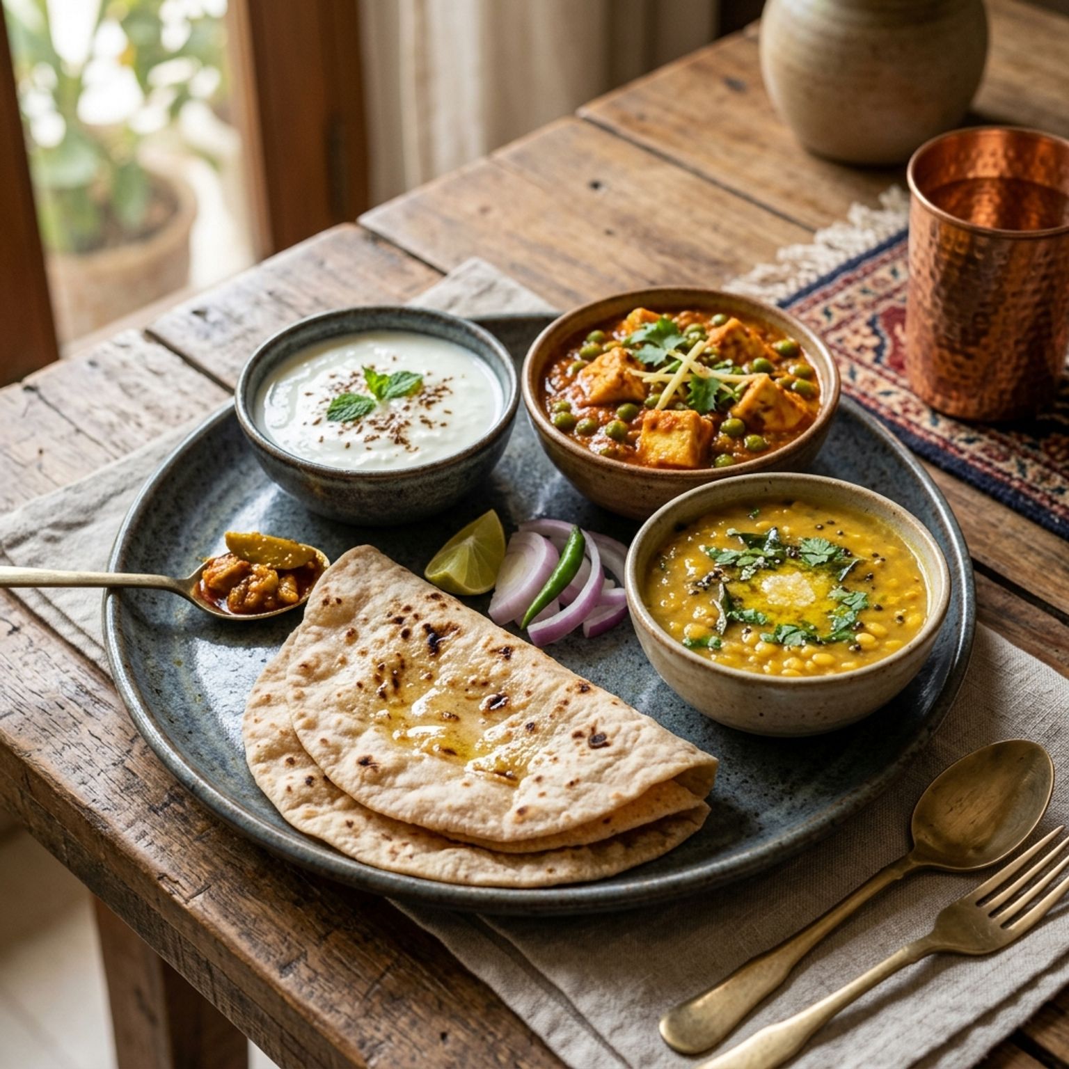 Dal + rotis + paneer + curd