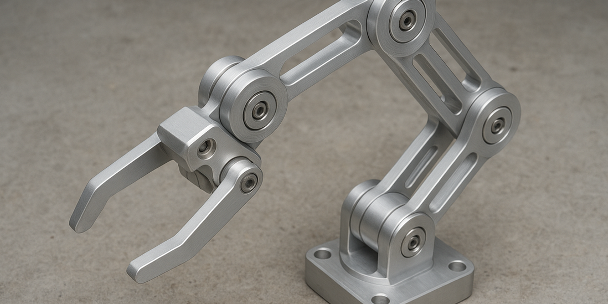 A sleek, CNC machined aluminum robotic gripper arm, anodized in a clear matte finish.