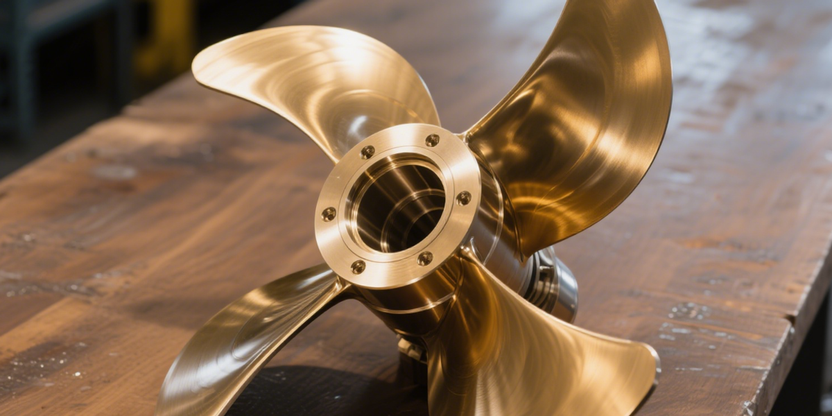 A perfectly machined, high-skew marine propeller with a polished, golden Nibral finish.