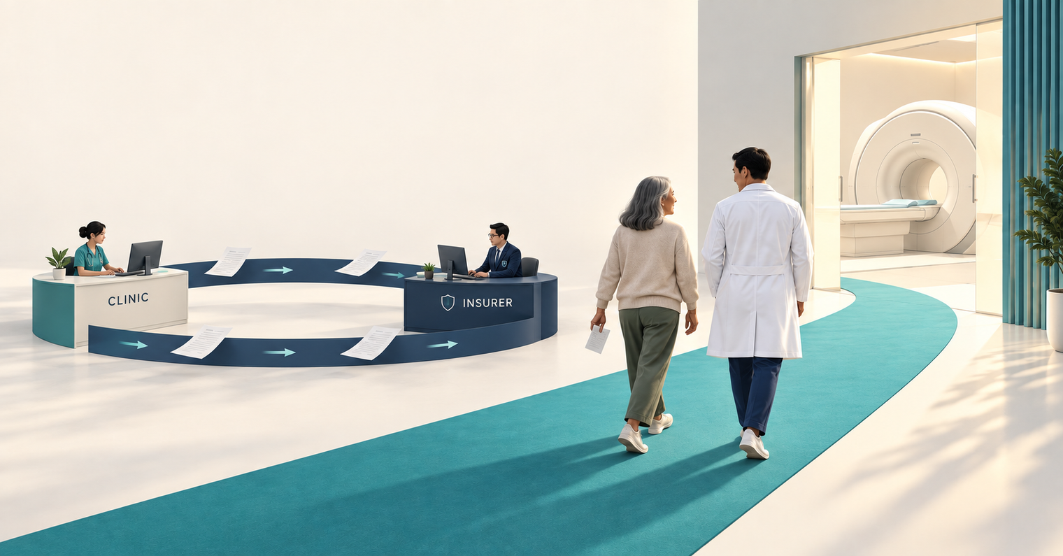 A patient and clinician walk toward an MRI suite, away from a loop of prior authorization paperwork circulating between a clinic desk and an insurer desk.
