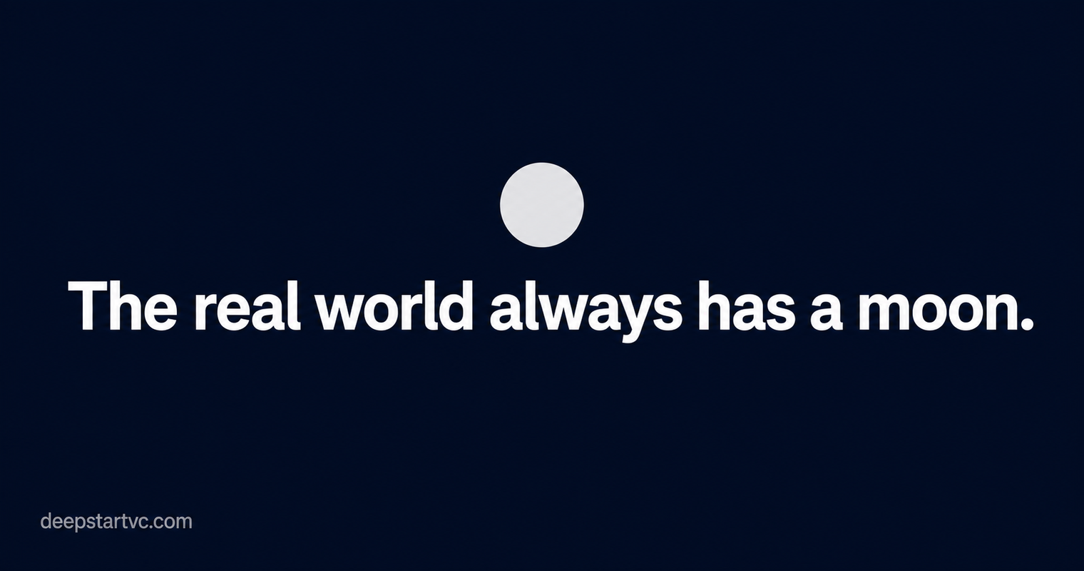 Dark card with the words "The real world always has a moon" beneath a small pale moon.
