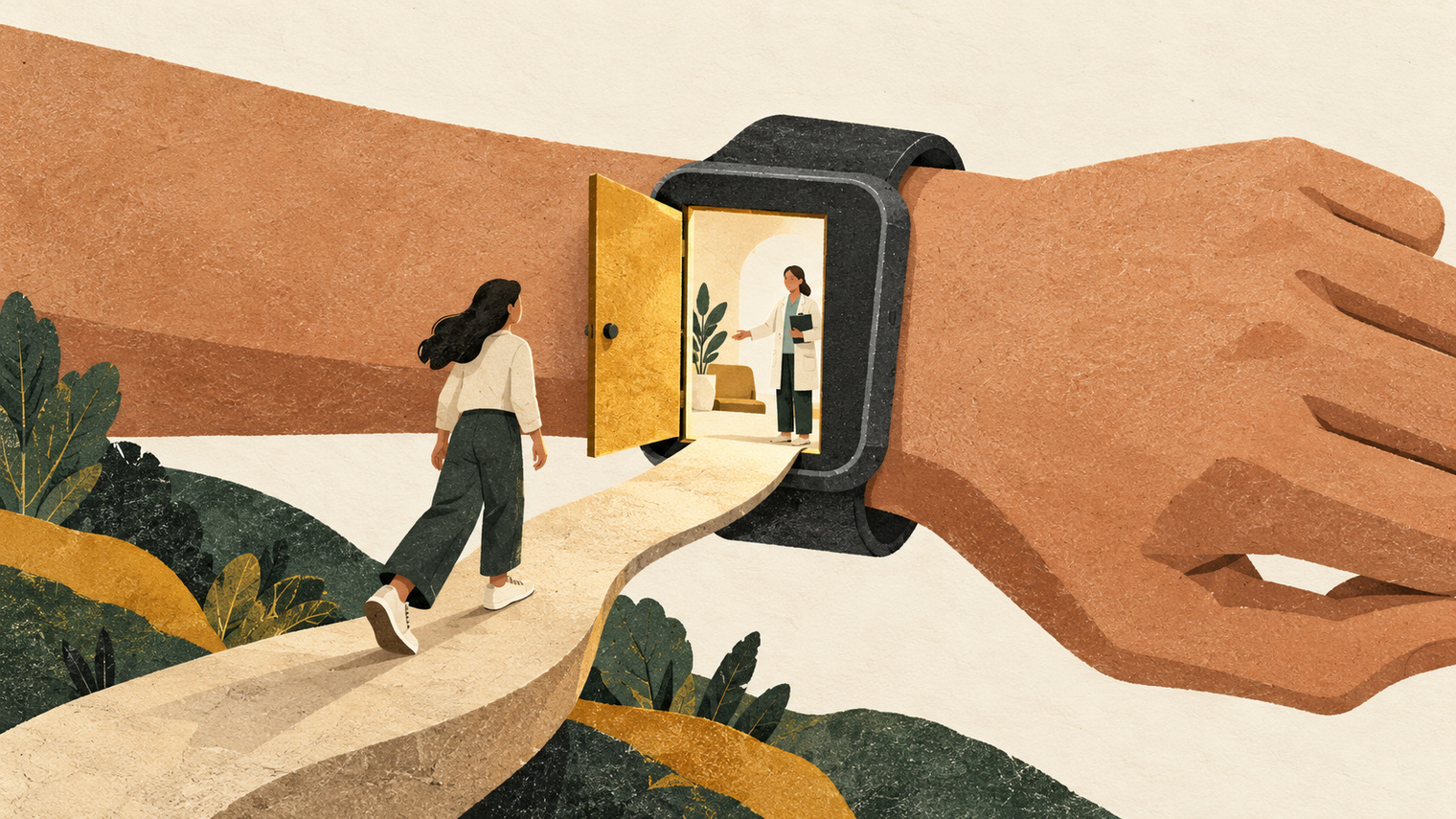 Illustration of a woman walking along a path into a smartwatch on a giant wrist, where a clinician waits inside an open doorway to welcome her, symbolizing consumer devices as the new front door to healthcare.