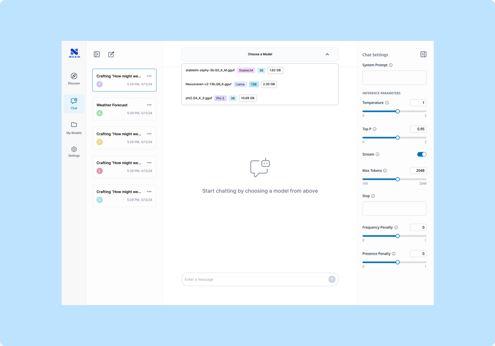 Multi-model chat interface with color-coded avatars per model