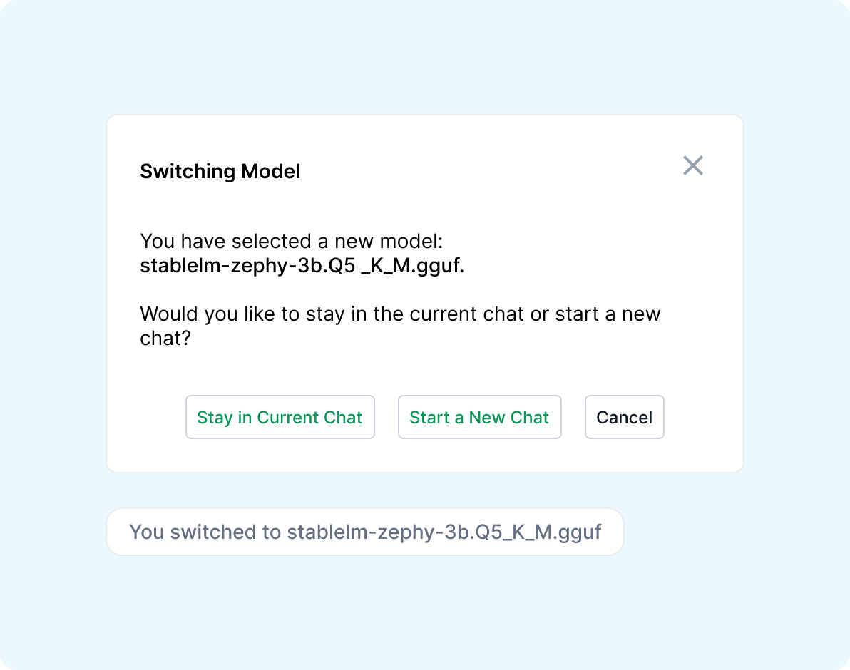 Confirmation pop-up asking whether to keep the chat history or start fresh when switching models