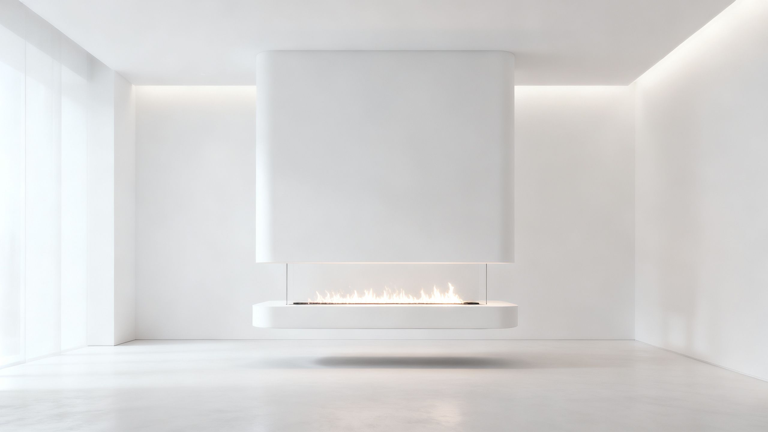 A minimalist white room featuring a white gas-fueled suspended fireplace with a gentle, consistent flame.