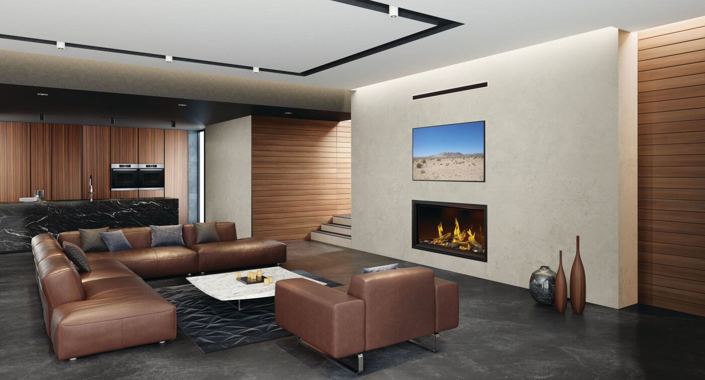 Modern living room with leather sectional, Napoleon gas fireplace, TV, and wood accents.