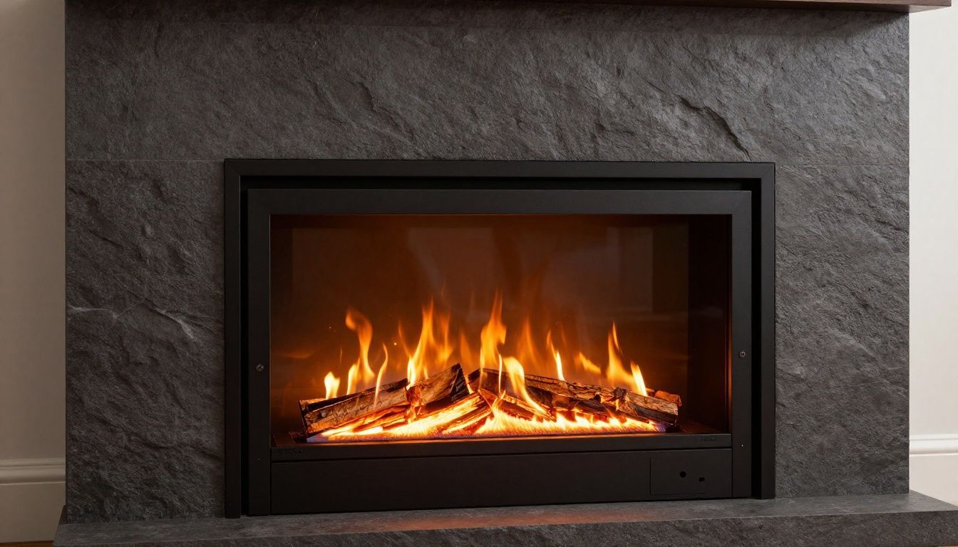 Modern Regency gas fireplace with vibrant flames in a stone-clad living room.