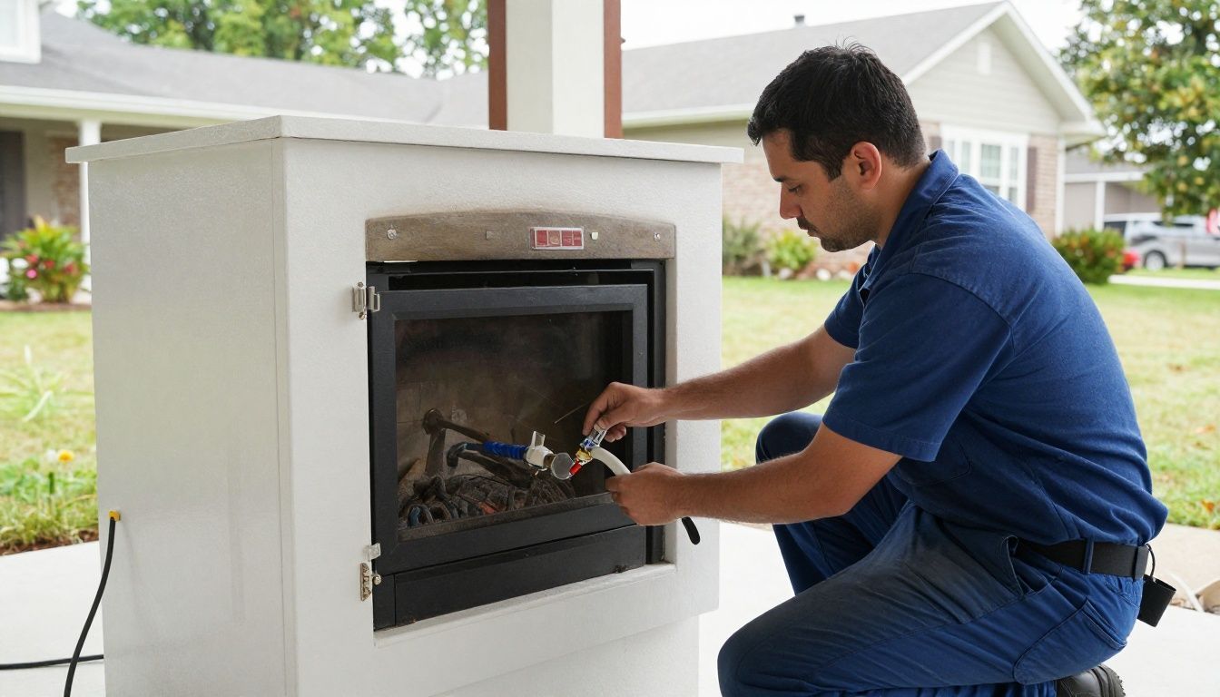 A certified technician in a Direct Air Systems uniform carefully installing a gas line for a new fireplace in a suburban home.