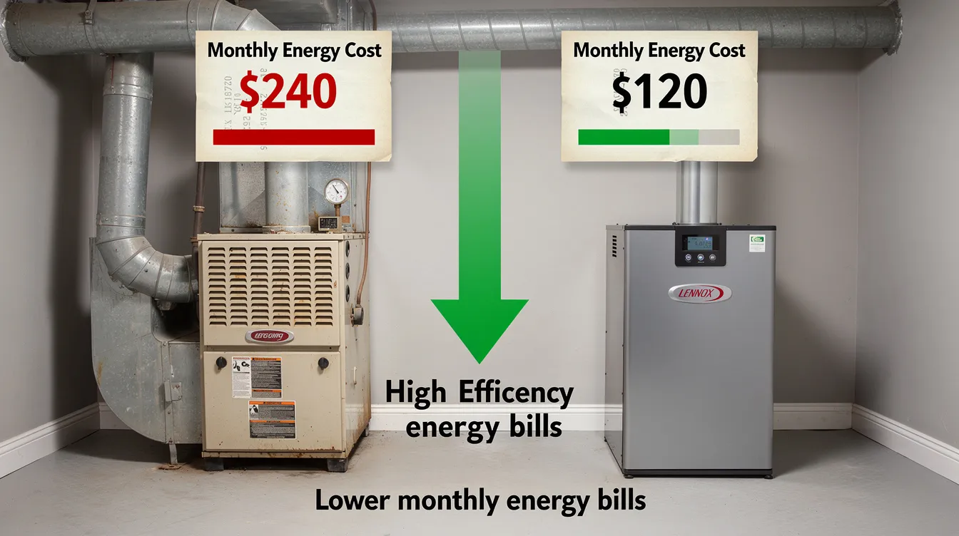 The image shows a side-by-side comparison of an older GTA gas furnace and a new high-efficiency Lennox model, highlighting the benefits of furnace replacement with lower monthly heating bills and improved energy efficiency. The older furnace, which may require frequent repairs and has a cracked heat exchanger, contrasts with the modern system that promises significant energy savings and better indoor air quality.