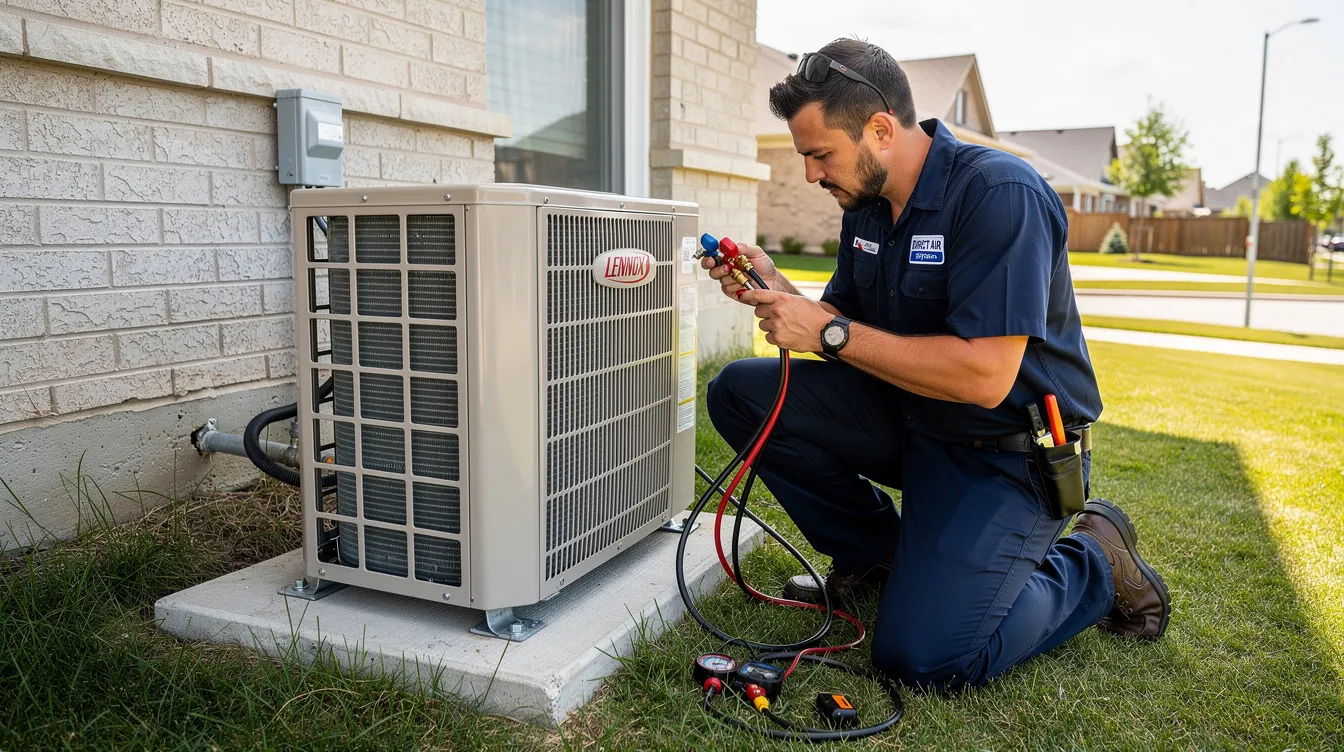 A Direct Air Systems technician is installing a Lennox air conditioning system in a home in the Greater Toronto Area, ensuring the new unit is properly integrated with the existing ductwork for optimal cooling efficiency. The technician is focused on providing a reliable and energy-efficient solution to enhance the home's cooling capabilities.