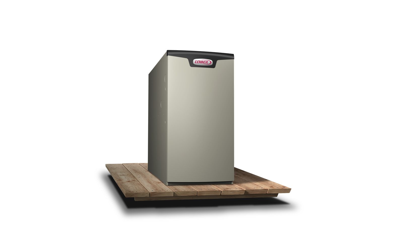 A beige Lennox furnace sits on a wooden pallet against a white background.