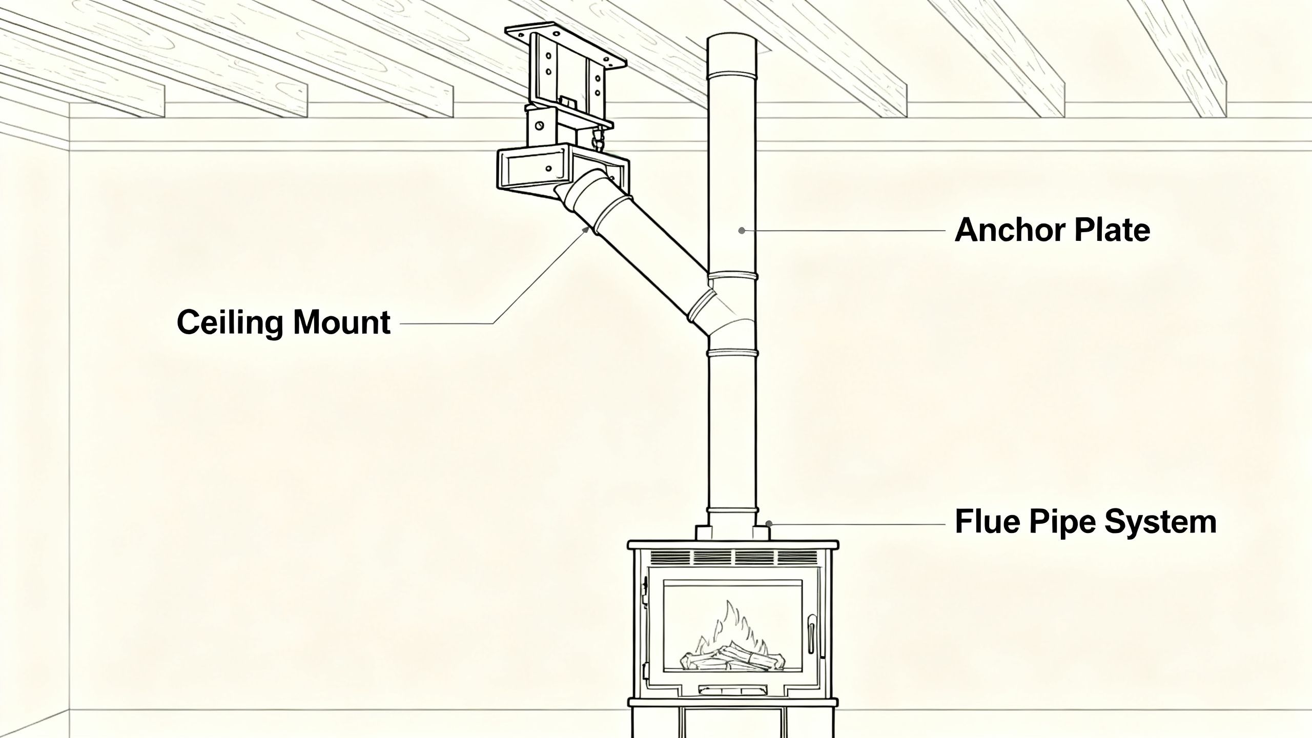 A diagram illustrating the ceiling mount, anchor plate, and flue pipe system for a typical suspended fireplace installation.