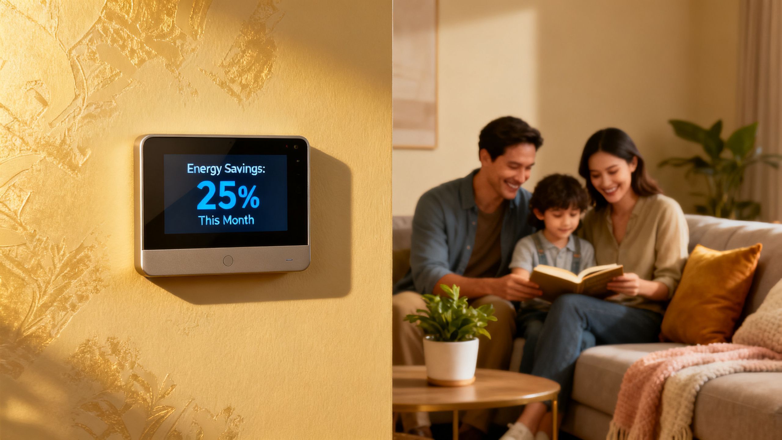 A modern smart thermostat on a living room wall displaying energy savings data, with a comfortable family in the background.