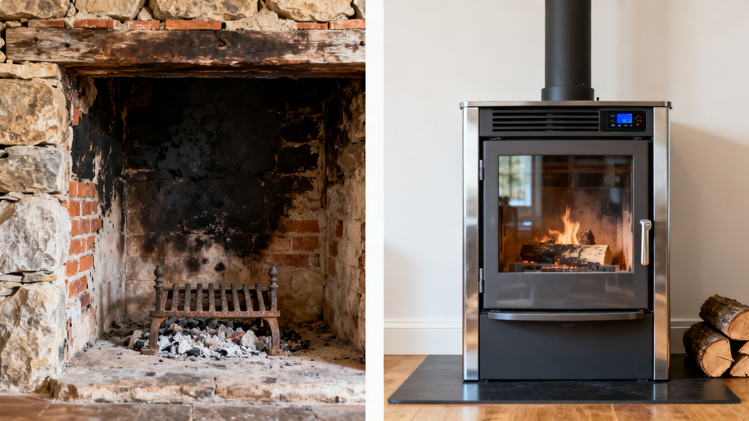 A side-by-side comparison showing an old, open masonry fireplace next to a modern, efficient wood-burning fireplace insert.