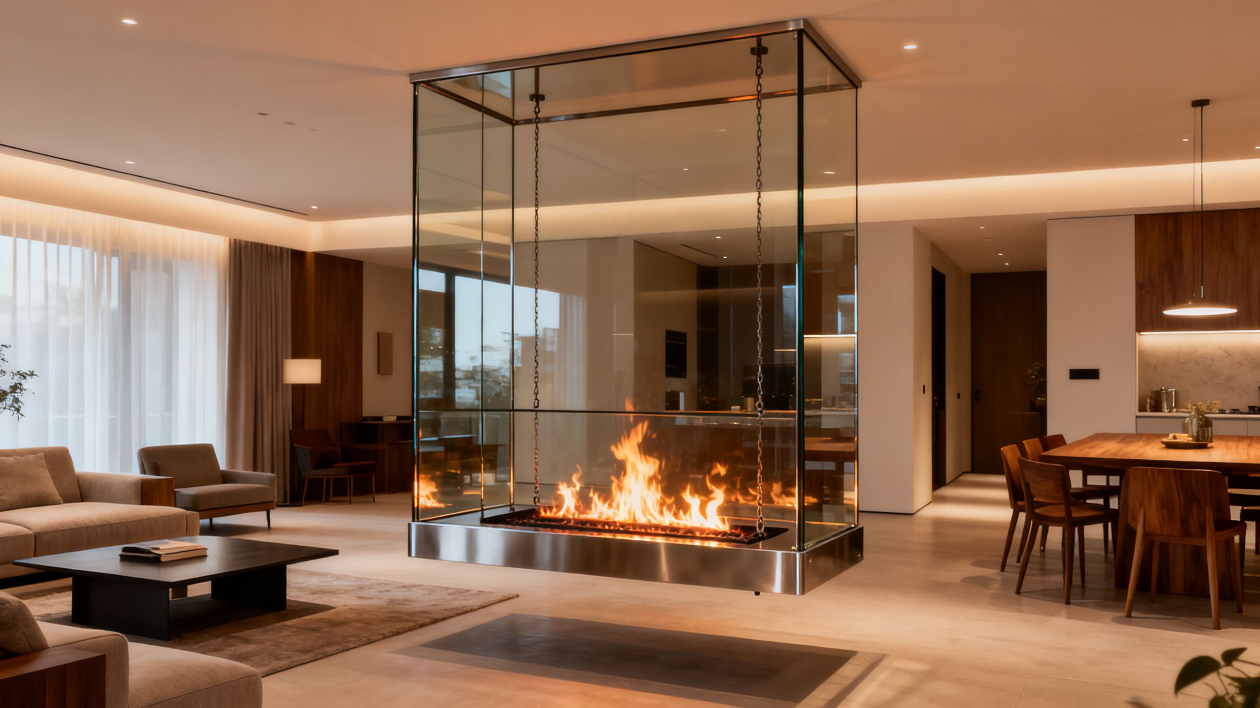 A wide living and dining area where a central suspended fireplace acts as a functional and beautiful room divider.