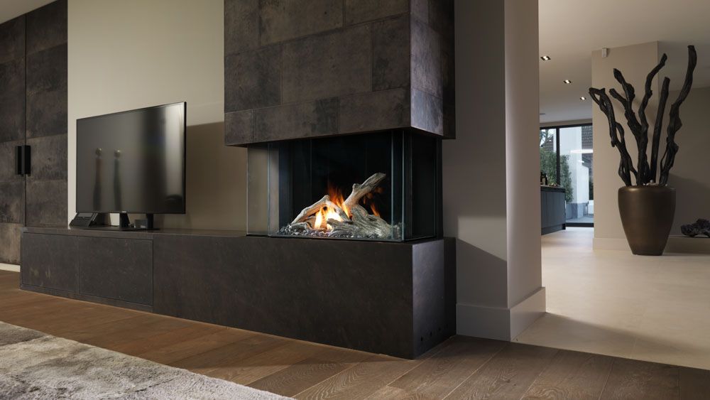 Modern living room with a sleek fireplace and television.