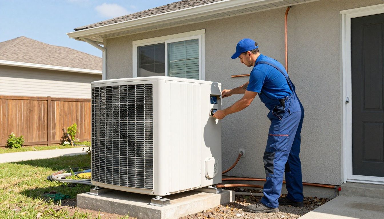 Technician installing a central air conditioner unit outside a home.