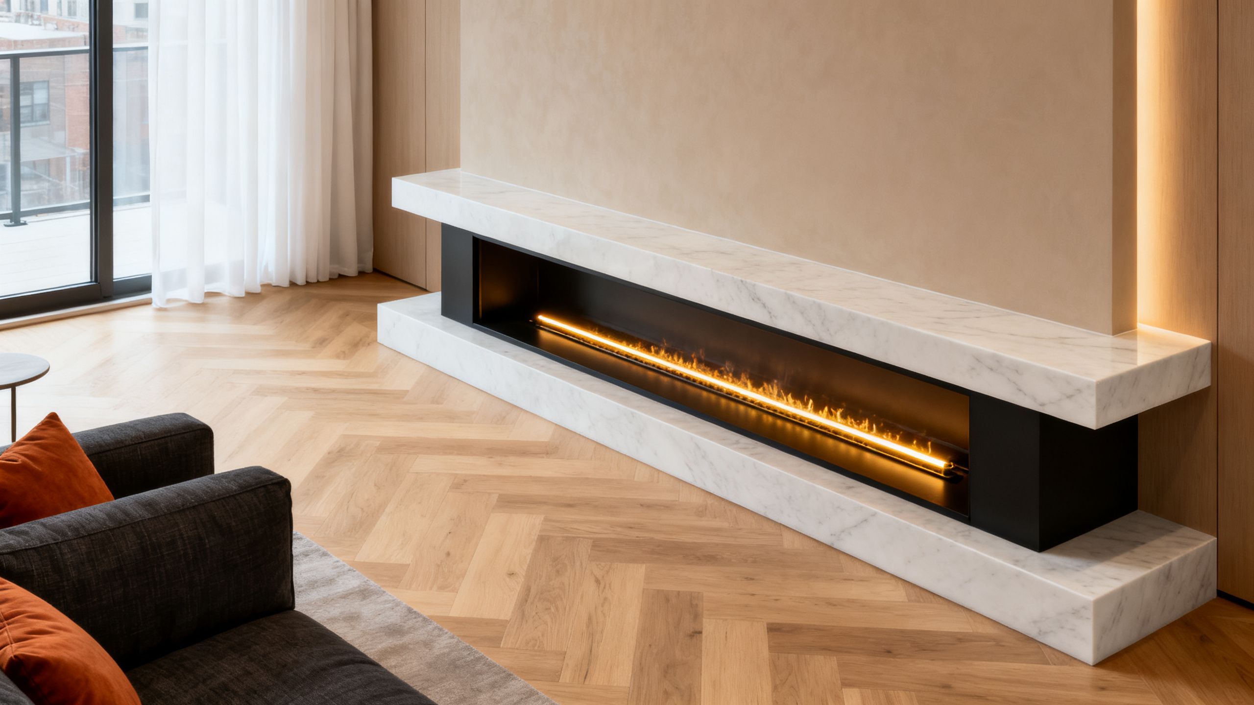 A modern, elegant gas fireplace with a clean, minimalist mantelpiece, providing a warm and inviting glow to a contemporary living room in a Toronto home.