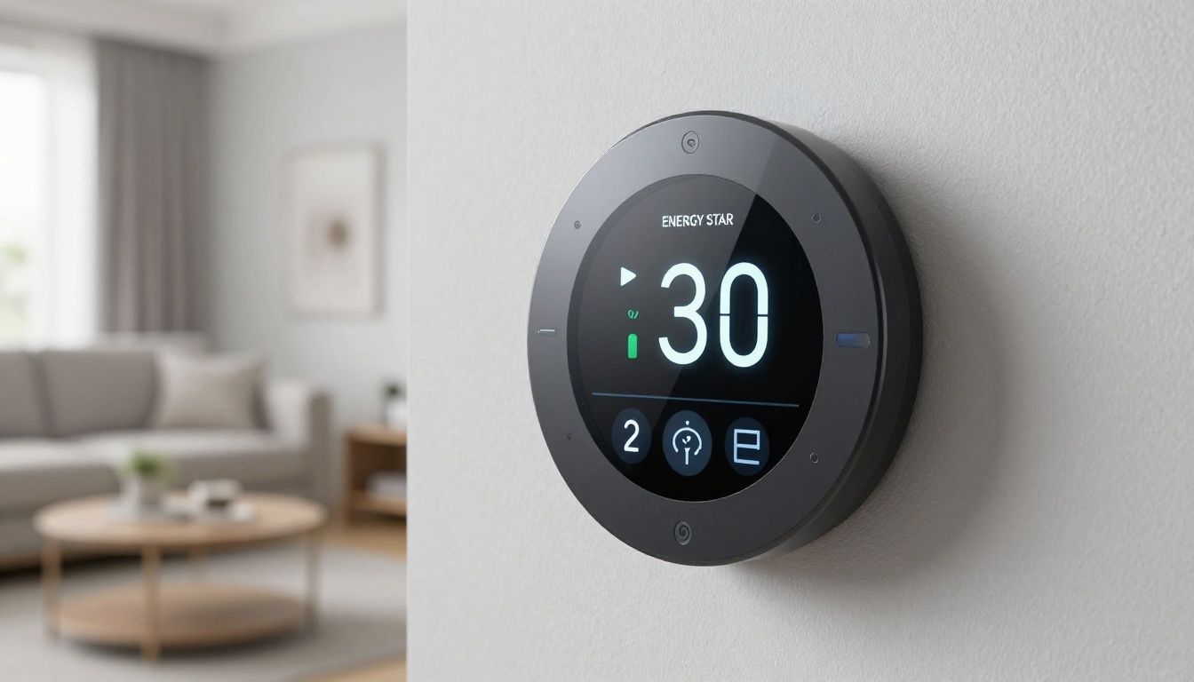 A modern ENERGY STAR certified smart thermostat displaying the current temperature and settings on a living room wall.