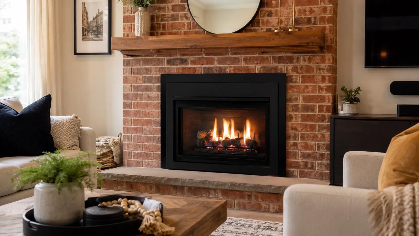 A cozy living room with a brick fireplace and a roaring fire.