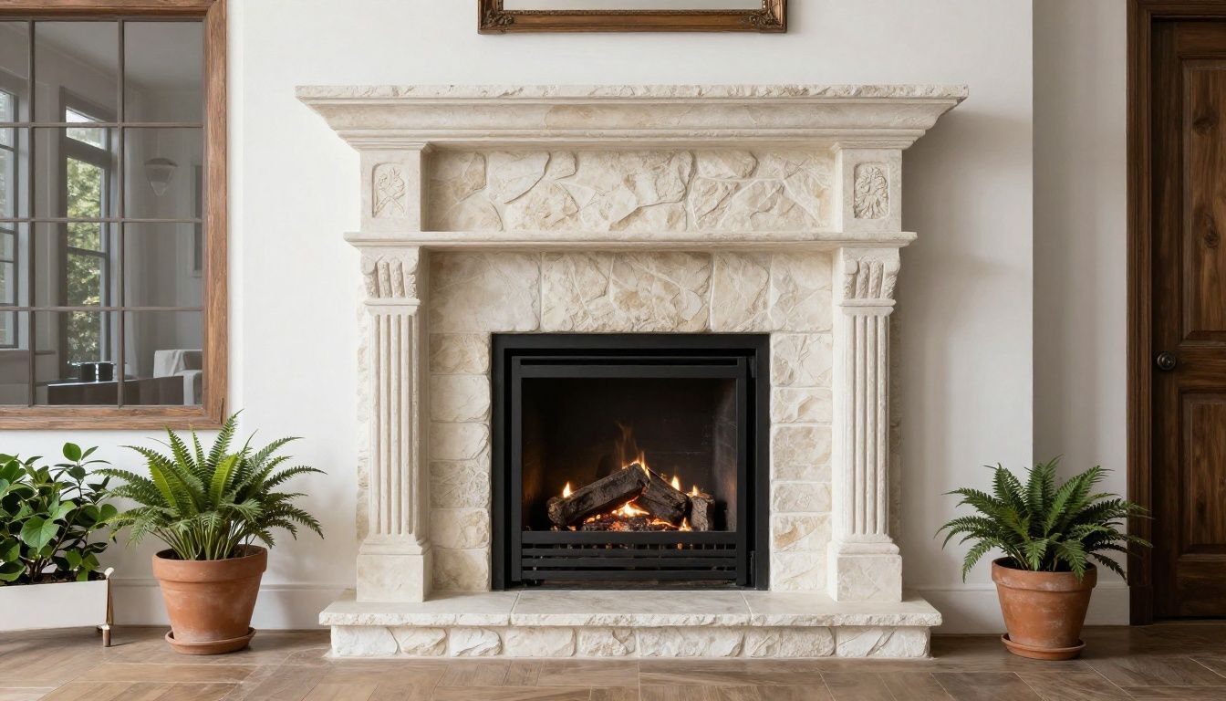 A beautiful custom stone surround being built around a newly installed Regency fireplace