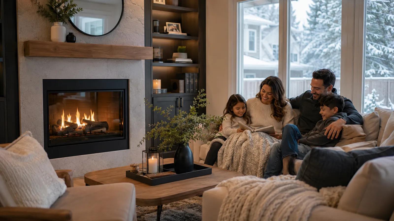 Family reading a book by the fireplace on a snowy day.